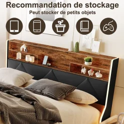 ProximaX Lit coffre 160x200 cm en simili cuir noir et chêne clair, tête de lit avec rangements, prises USB et bandes LED Hot