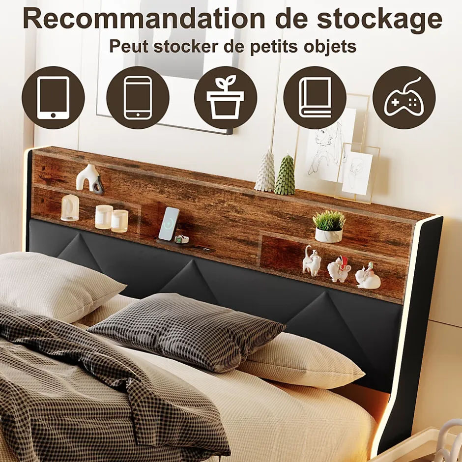 ProximaX Lit coffre 160x200 cm en simili cuir noir et chêne clair, tête de lit avec rangements, prises USB et bandes LED Hot