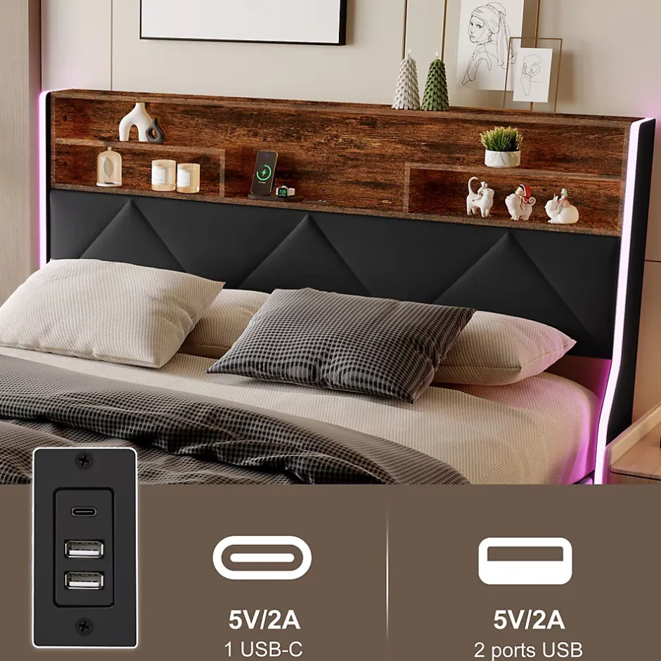 ProximaX Lit coffre 160x200 cm en simili cuir noir et chêne clair, tête de lit avec rangements, prises USB et bandes LED Hot