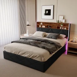 ProximaX Lit coffre 160x200 cm en simili cuir noir et chêne clair, tête de lit avec rangements, prises USB et bandes LED Hot