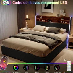 ProximaX Lit coffre 160x200 cm en simili cuir noir et chêne clair, tête de lit avec rangements, prises USB et bandes LED Hot