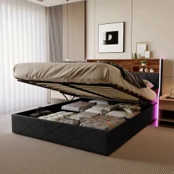 ProximaX Lit coffre 160x200 cm en simili cuir noir et chêne clair, tête de lit avec rangements, prises USB et bandes LED Hot