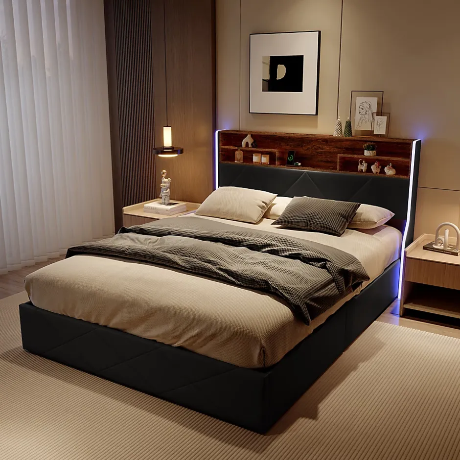 ProximaX Lit coffre 160x200 cm en simili cuir noir et chêne clair, tête de lit avec rangements, prises USB et bandes LED Hot