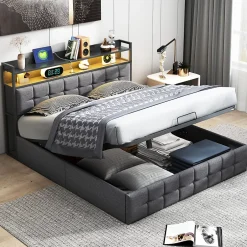 ProximaX Lit coffre 140x190 cm en similicuir avec LED RGB, tête de lit avec prises USB/Type-C et rangements intégrés, Gris Discount