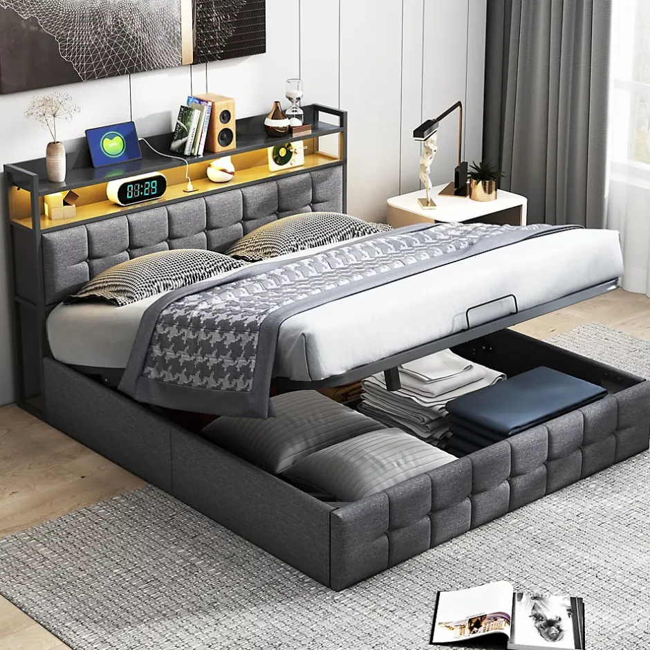 ProximaX Lit coffre 140x190 cm en similicuir avec LED RGB, tête de lit avec prises USB/Type-C et rangements intégrés, Gris Discount