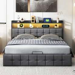 ProximaX Lit coffre 140x190 cm en similicuir avec LED RGB, tête de lit avec prises USB/Type-C et rangements intégrés, Gris Discount