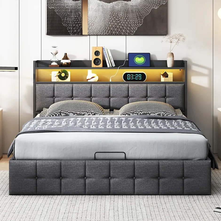 ProximaX Lit coffre 140x190 cm en similicuir avec LED RGB, tête de lit avec prises USB/Type-C et rangements intégrés, Gris Discount