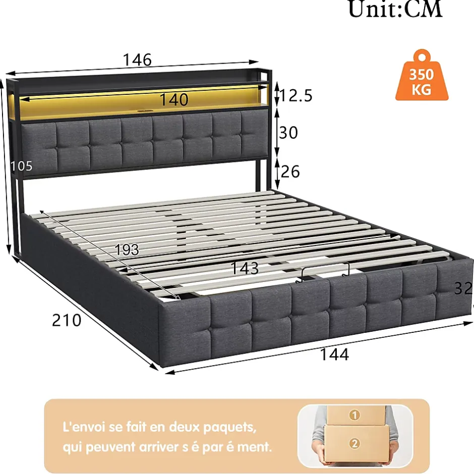 ProximaX Lit coffre 140x190 cm en similicuir avec LED RGB, tête de lit avec prises USB/Type-C et rangements intégrés, Gris Discount