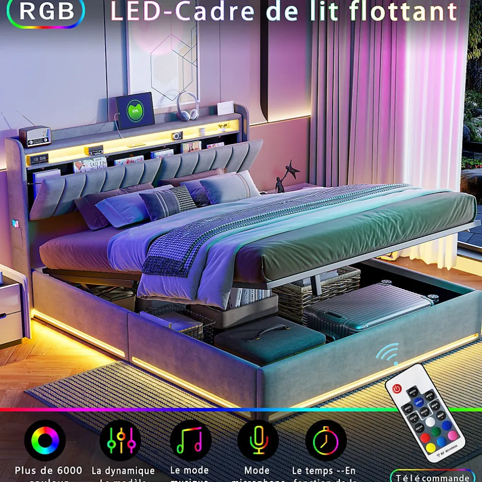 ProximaX Lit coffre 140x200 cm en tissu velours gris avec tête de lit rembourrée, LED intégrées, rangement pratique, prise USB
