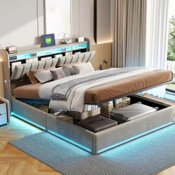 ProximaX Lit coffre 140x200 cm en tissu velours gris avec tête de lit rembourrée, LED intégrées, rangement pratique, prise USB