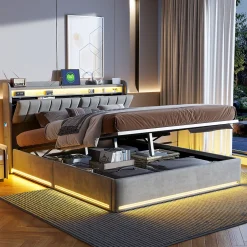 ProximaX Lit coffre 140x200 cm en tissu velours gris avec tête de lit rembourrée, LED intégrées, rangement pratique, prise USB