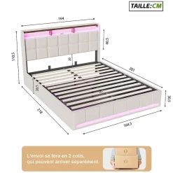 ProximaX Lit Coffre 160x200 cm en Tissu avec Rangement, Tête de Lit avec LED, USB et Type-C, Sommier Relevable à Vérins, Beige Clearance