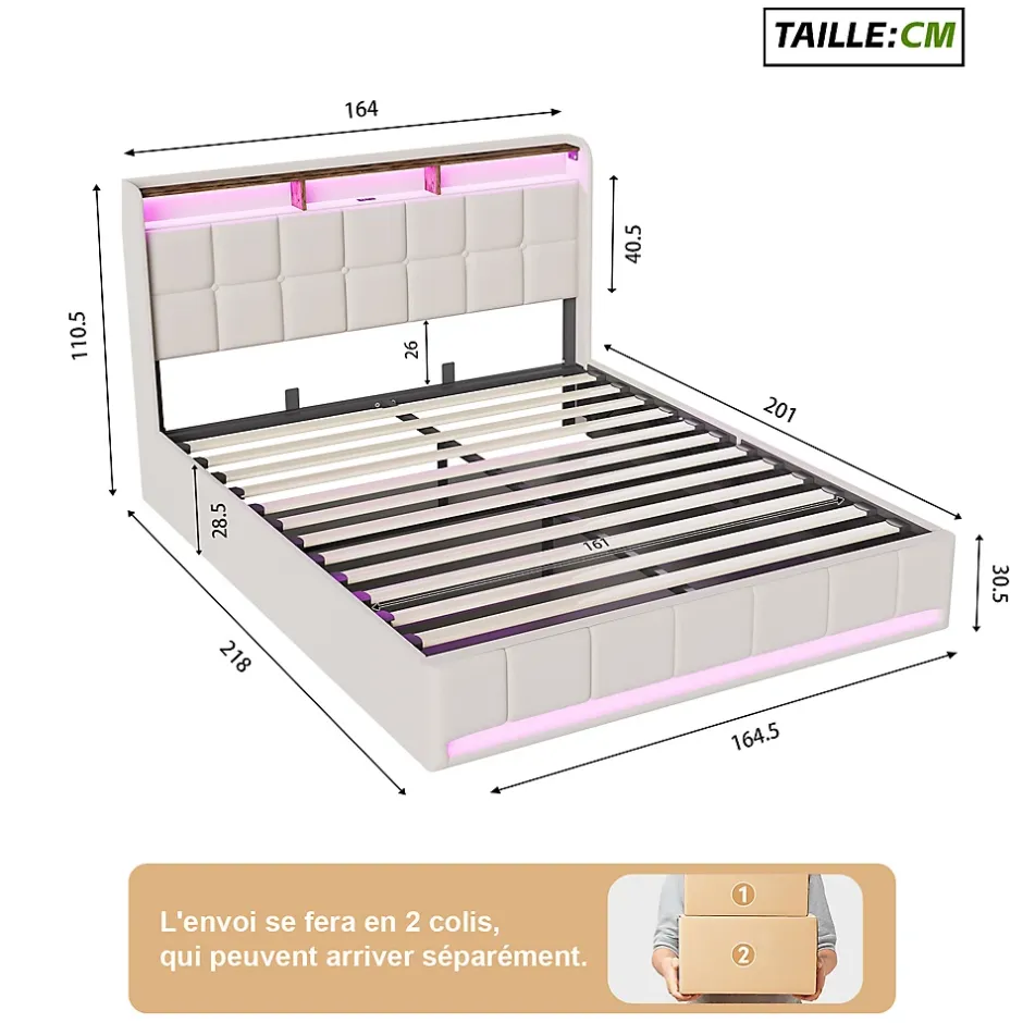 ProximaX Lit Coffre 160x200 cm en Tissu avec Rangement, Tête de Lit avec LED, USB et Type-C, Sommier Relevable à Vérins, Beige Clearance