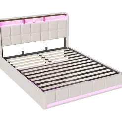 ProximaX Lit Coffre 160x200 cm en Tissu avec Rangement, Tête de Lit avec LED, USB et Type-C, Sommier Relevable à Vérins, Beige Clearance