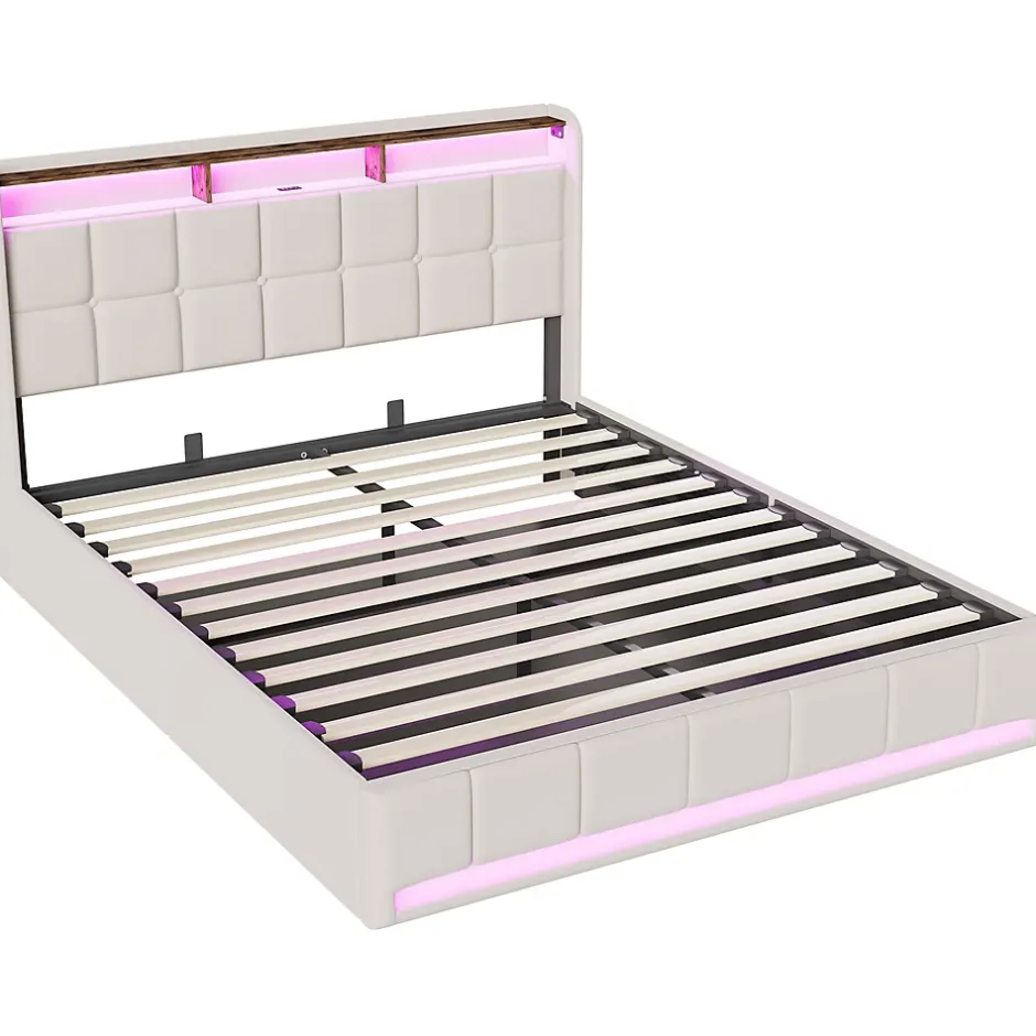 ProximaX Lit Coffre 160x200 cm en Tissu avec Rangement, Tête de Lit avec LED, USB et Type-C, Sommier Relevable à Vérins, Beige Clearance