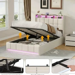 ProximaX Lit Coffre 160x200 cm en Tissu avec Rangement, Tête de Lit avec LED, USB et Type-C, Sommier Relevable à Vérins, Beige Clearance
