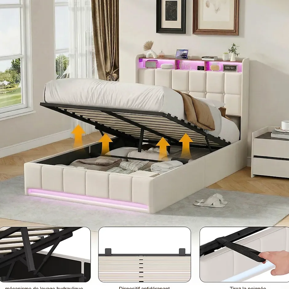 ProximaX Lit Coffre 160x200 cm en Tissu avec Rangement, Tête de Lit avec LED, USB et Type-C, Sommier Relevable à Vérins, Beige Clearance
