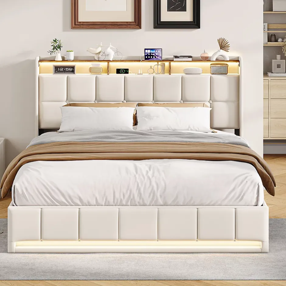 ProximaX Lit Coffre 160x200 cm en Tissu avec Rangement, Tête de Lit avec LED, USB et Type-C, Sommier Relevable à Vérins, Beige Clearance