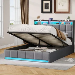 ProximaX Lit Coffre 140x190 cm en Tissu avec Rangement, LED, USB et Type-C, lit double avec Sommier Relevable à Vérins, Gris