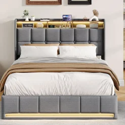 ProximaX Lit Coffre 140x190 cm en Tissu avec Rangement, LED, USB et Type-C, lit double avec Sommier Relevable à Vérins, Gris