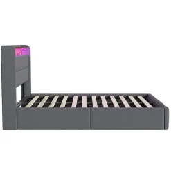 ProximaX Lit Coffre 140x190 cm en Tissu avec Rangement, LED, USB et Type-C, lit double avec Sommier Relevable à Vérins, Gris