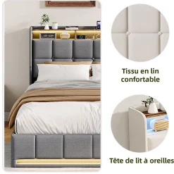 ProximaX Lit Coffre 140x190 cm en Tissu avec Rangement, LED, USB et Type-C, lit double avec Sommier Relevable à Vérins, Gris