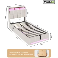 ProximaX Lit Coffre 90x200 cm en Tissu avec Rangement, Tête de Lit avec LED, USB et Type-C, Sommier Relevable à Vérins, Beige Discount