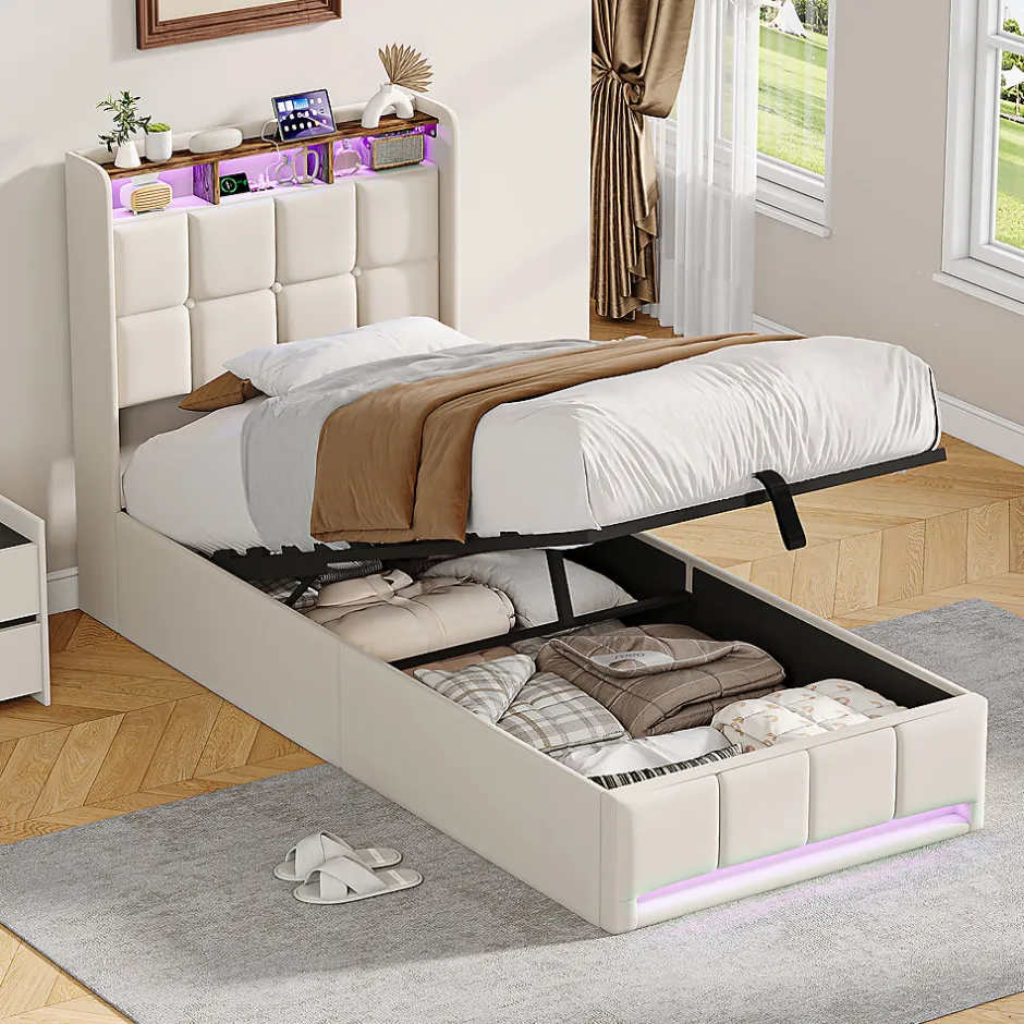 ProximaX Lit Coffre 90x200 cm en Tissu avec Rangement, Tête de Lit avec LED, USB et Type-C, Sommier Relevable à Vérins, Beige Discount