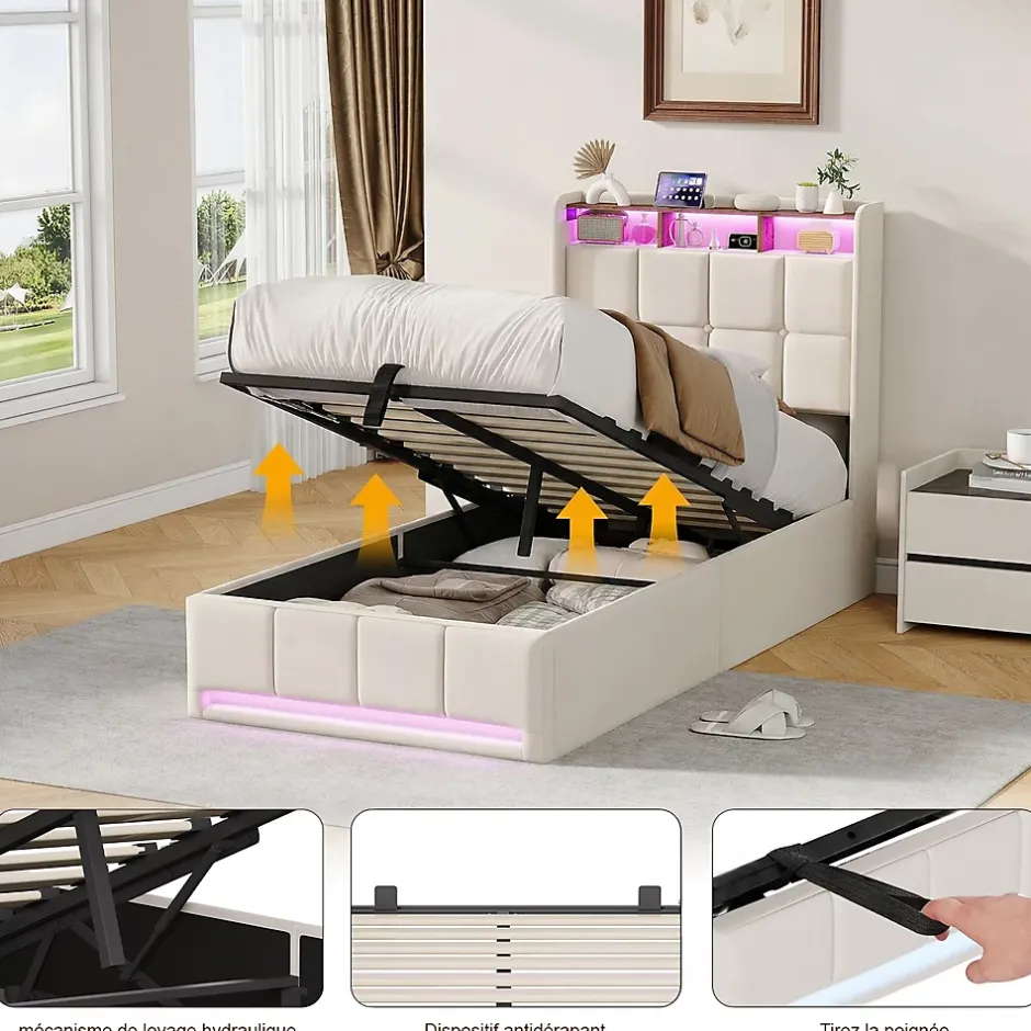 ProximaX Lit Coffre 90x200 cm en Tissu avec Rangement, Tête de Lit avec LED, USB et Type-C, Sommier Relevable à Vérins, Beige Discount