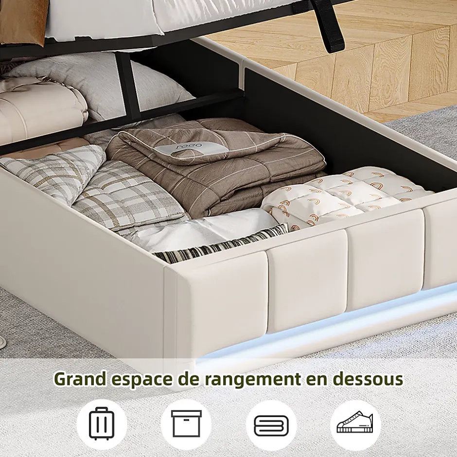 ProximaX Lit Coffre 90x200 cm en Tissu avec Rangement, Tête de Lit avec LED, USB et Type-C, Sommier Relevable à Vérins, Beige Discount
