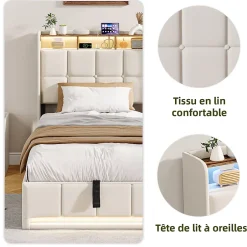 ProximaX Lit Coffre 90x200 cm en Tissu avec Rangement, Tête de Lit avec LED, USB et Type-C, Sommier Relevable à Vérins, Beige Discount