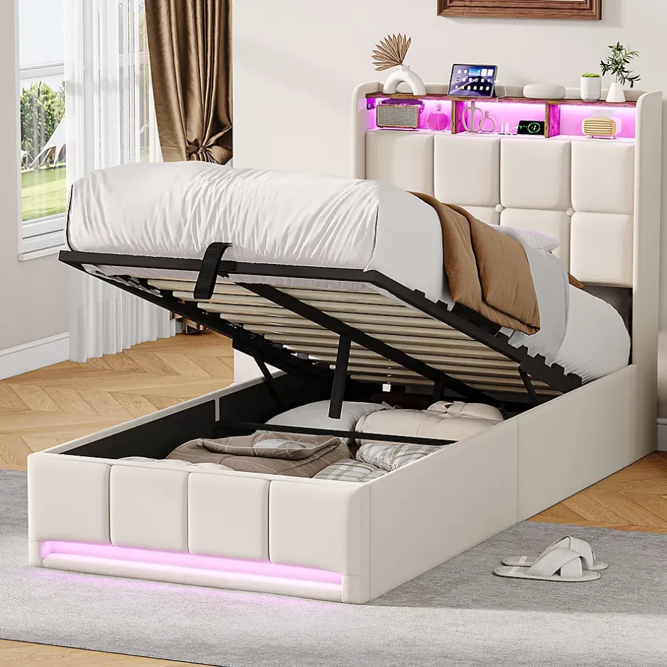 ProximaX Lit Coffre 90x200 cm en Tissu avec Rangement, Tête de Lit avec LED, USB et Type-C, Sommier Relevable à Vérins, Beige Discount