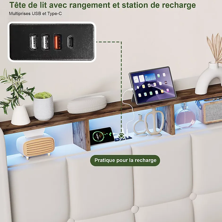ProximaX Lit Coffre 90x200 cm en Tissu avec Rangement, Tête de Lit avec LED, USB et Type-C, Sommier Relevable à Vérins, Beige Discount
