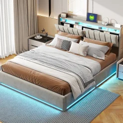 ProximaX Lit coffre 160x200 cm en tissu velours avec rangement pratique, tête de lit rembourrée, lit double avec LED et prise USB, Gris