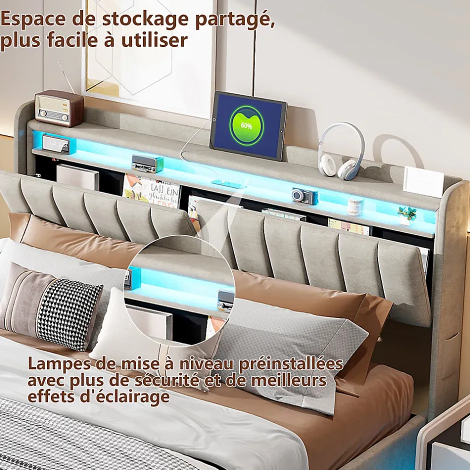 ProximaX Lit coffre 160x200 cm en tissu velours avec rangement pratique, tête de lit rembourrée, lit double avec LED et prise USB, Gris