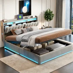 ProximaX Lit coffre 160x200 cm en tissu velours avec rangement pratique, tête de lit rembourrée, lit double avec LED et prise USB, Gris