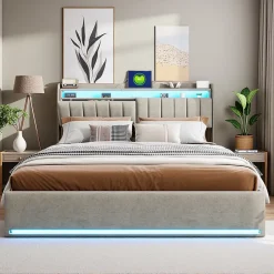 ProximaX Lit coffre 160x200 cm en tissu velours avec rangement pratique, tête de lit rembourrée, lit double avec LED et prise USB, Gris
