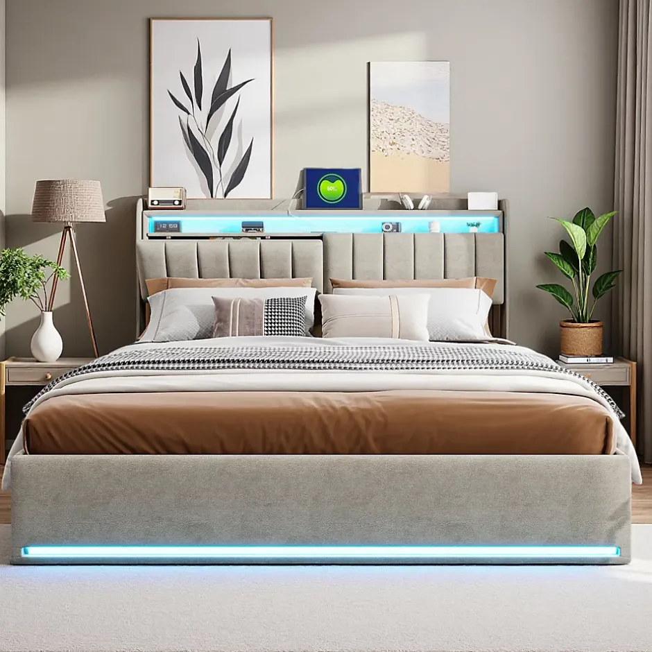 ProximaX Lit coffre 160x200 cm en tissu velours avec rangement pratique, tête de lit rembourrée, lit double avec LED et prise USB, Gris