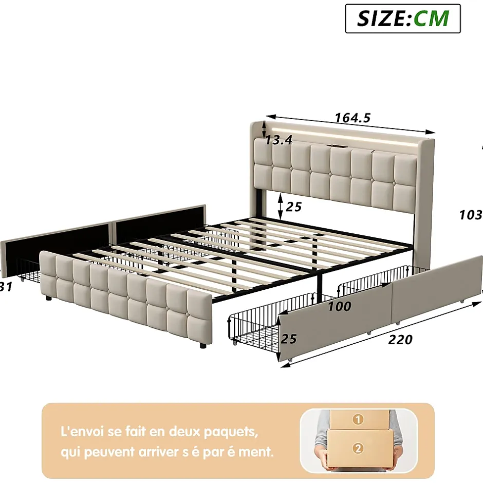 ProximaX Lit coffre 160x200 cm en tissu beige avec tête rembourrée, LED, ports USB, 4 tiroirs et sommier à lattes, sans matelas Online