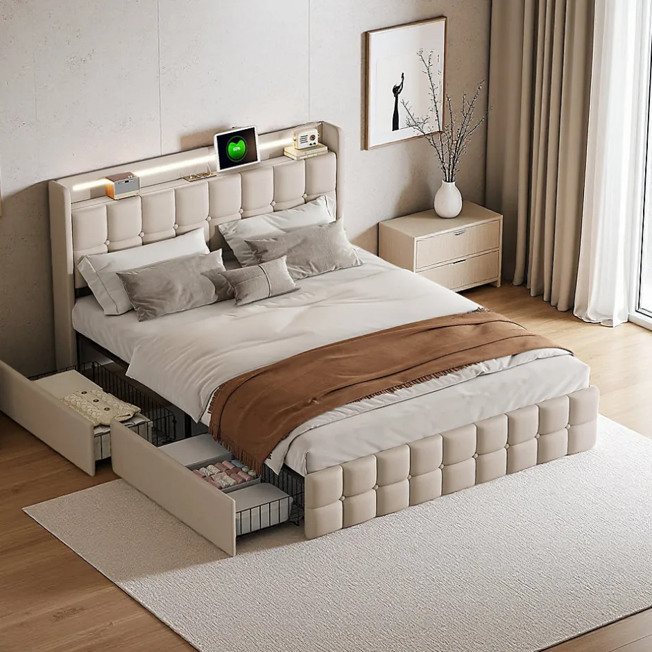 ProximaX Lit coffre 160x200 cm en tissu beige avec tête rembourrée, LED, ports USB, 4 tiroirs et sommier à lattes, sans matelas Online