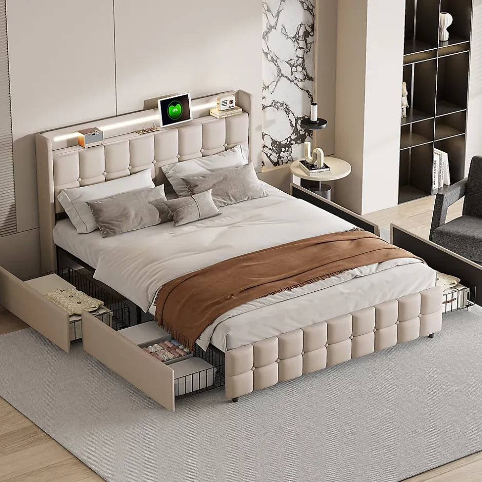 ProximaX Lit coffre 160x200 cm en tissu beige avec tête rembourrée, LED, ports USB, 4 tiroirs et sommier à lattes, sans matelas Online
