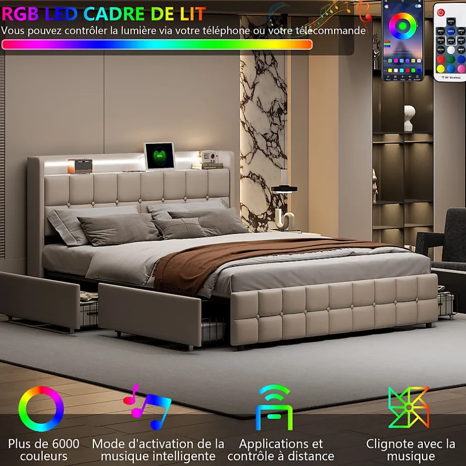 ProximaX Lit coffre 160x200 cm en tissu beige avec tête rembourrée, LED, ports USB, 4 tiroirs et sommier à lattes, sans matelas Online
