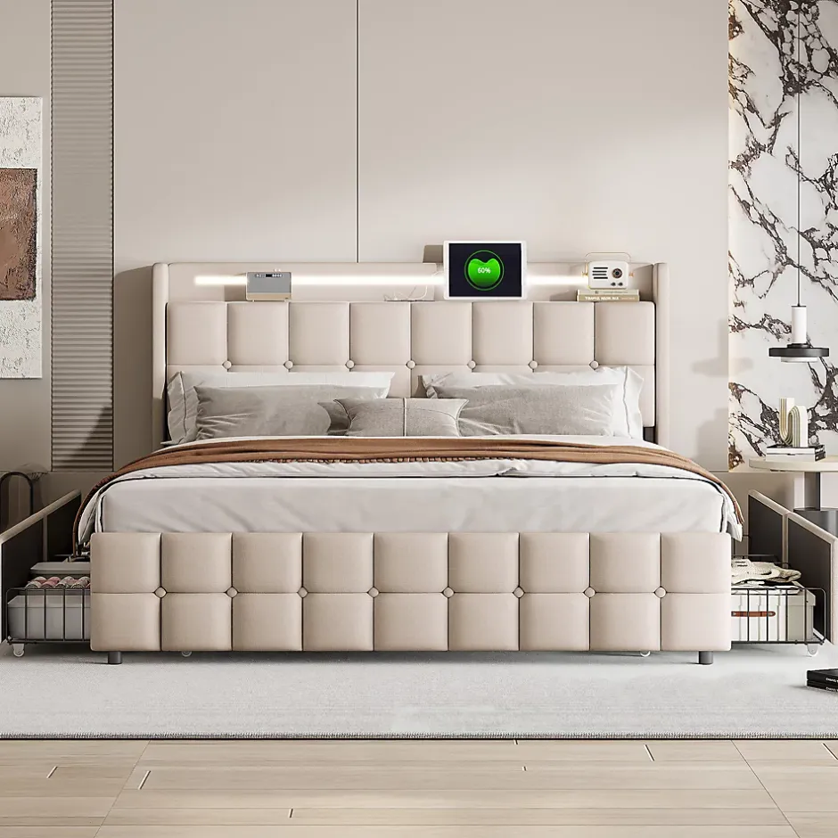 ProximaX Lit coffre 160x200 cm en tissu beige avec tête rembourrée, LED, ports USB, 4 tiroirs et sommier à lattes, sans matelas Online