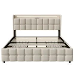ProximaX Lit coffre 160x200 cm en tissu beige avec tête rembourrée, LED, ports USB, 4 tiroirs et sommier à lattes, sans matelas Online