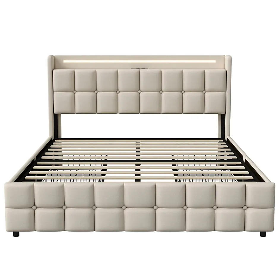 ProximaX Lit coffre 160x200 cm en tissu beige avec tête rembourrée, LED, ports USB, 4 tiroirs et sommier à lattes, sans matelas Online