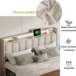 ProximaX Lit coffre 160x200 cm en tissu beige avec tête rembourrée, LED, ports USB, 4 tiroirs et sommier à lattes, sans matelas Online