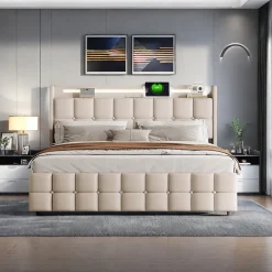 ProximaX Lit coffre 160x200 cm en tissu beige avec tête rembourrée, LED, ports USB, 4 tiroirs et sommier à lattes, sans matelas Online