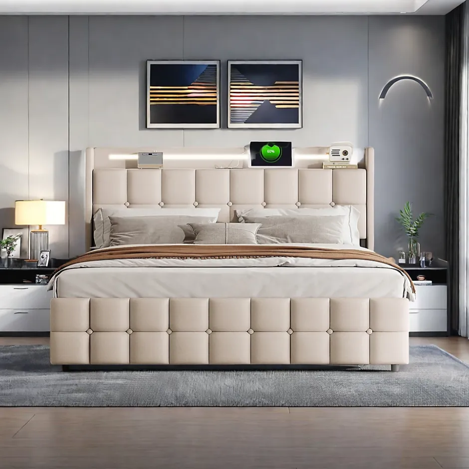 ProximaX Lit coffre 160x200 cm en tissu beige avec tête rembourrée, LED, ports USB, 4 tiroirs et sommier à lattes, sans matelas Online
