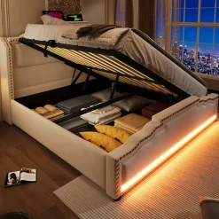 Redom Lit coffre 160x200 cm en velours beige avec rangement hydraulique eclairage LED multicolore et ports USB C