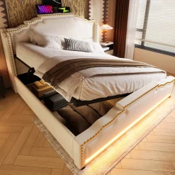 Redom Lit coffre 160x200 cm en velours beige avec rangement hydraulique eclairage LED multicolore et ports USB C